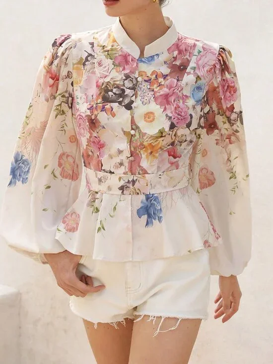 Multicolor Boho Women's Floral Stand-Up Collar Button-Down Long Sleeve Blouse - Picture 4 of 6